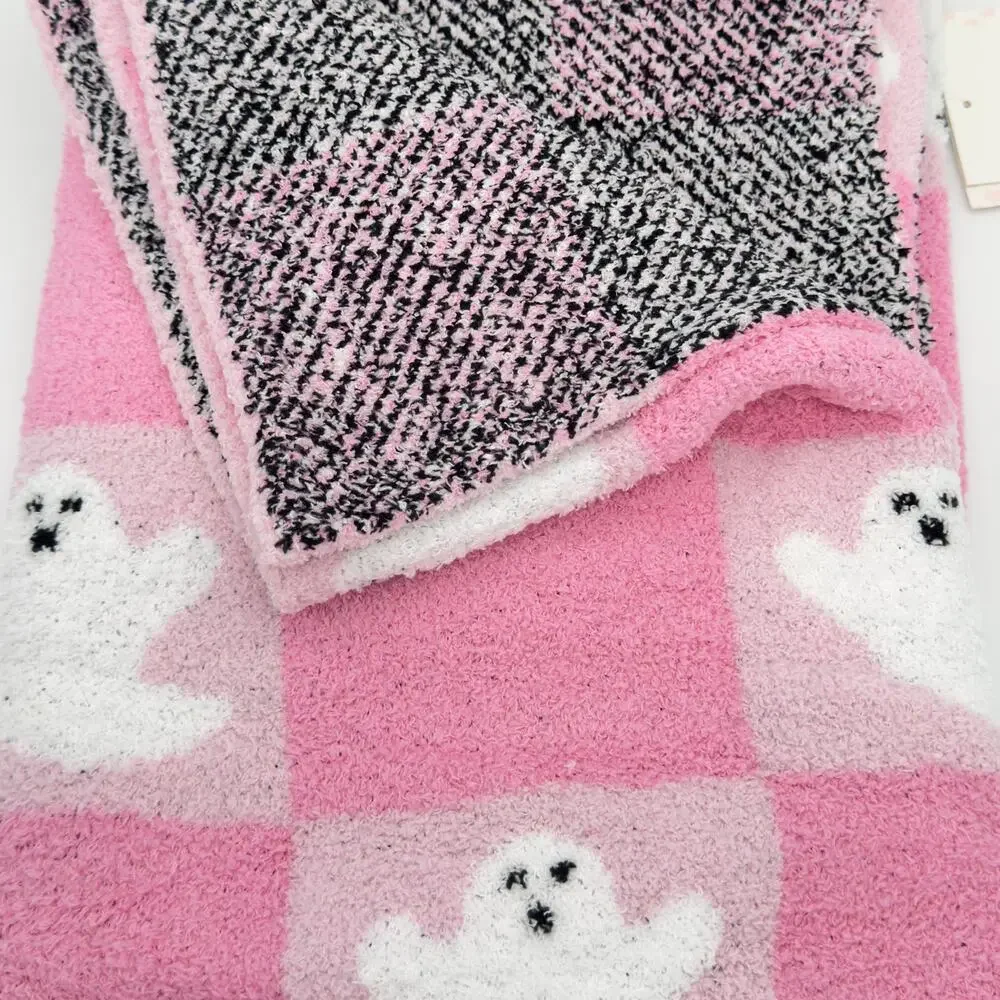 Cupcakes & Cashmere Pink & White Checkered Ghost Throw Blanket Halloween New